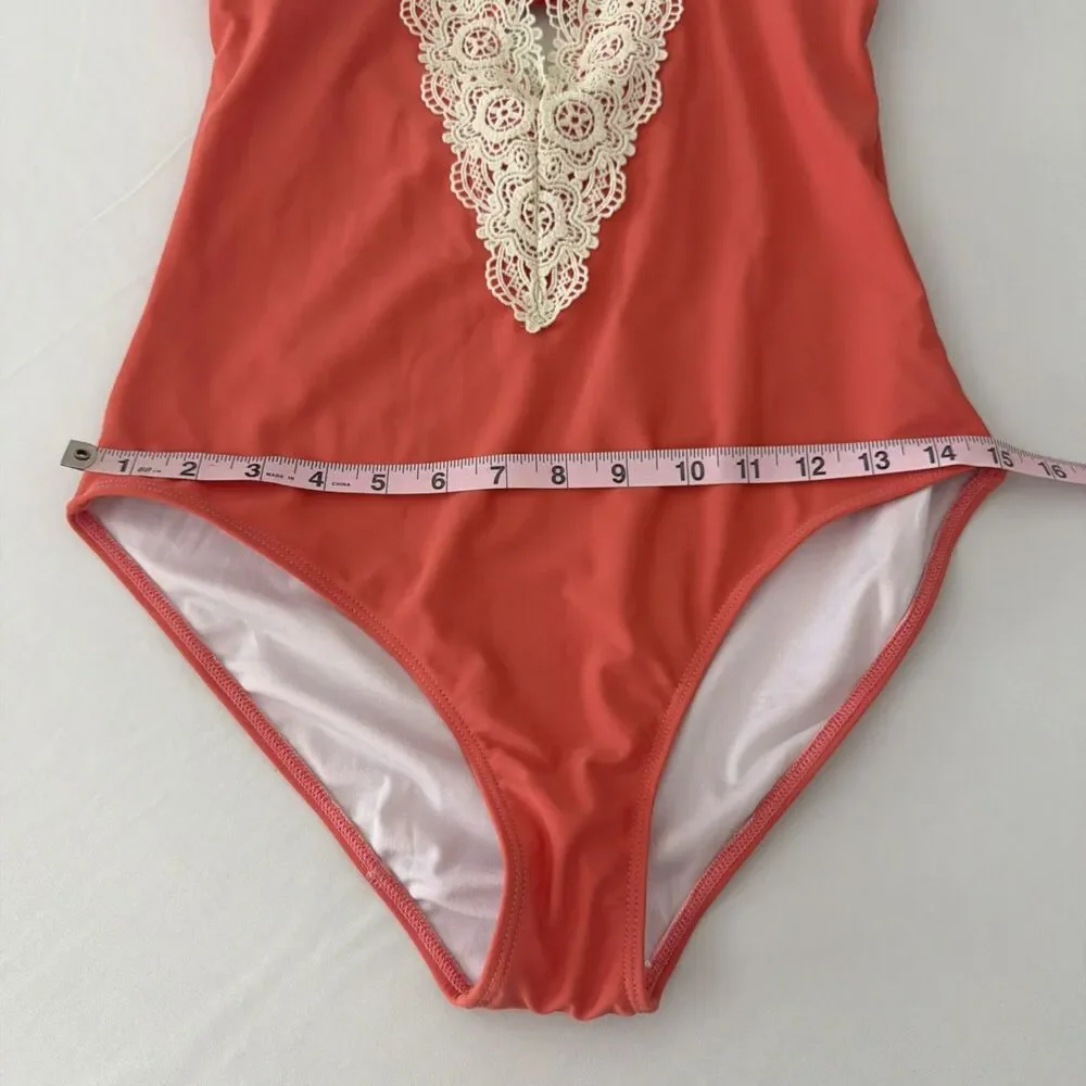 CUPSHE Womens Sz M One Piece Swimsuit Peach Coral Floral Lace Crochet Boho EUC